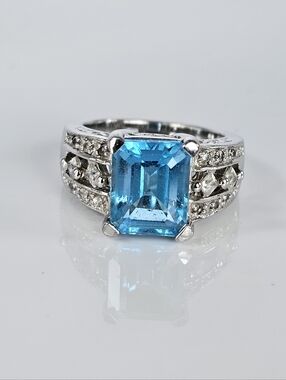 Natural Swiss Blue Topaz & White Topaz Ring Sterling Silver Size 5!